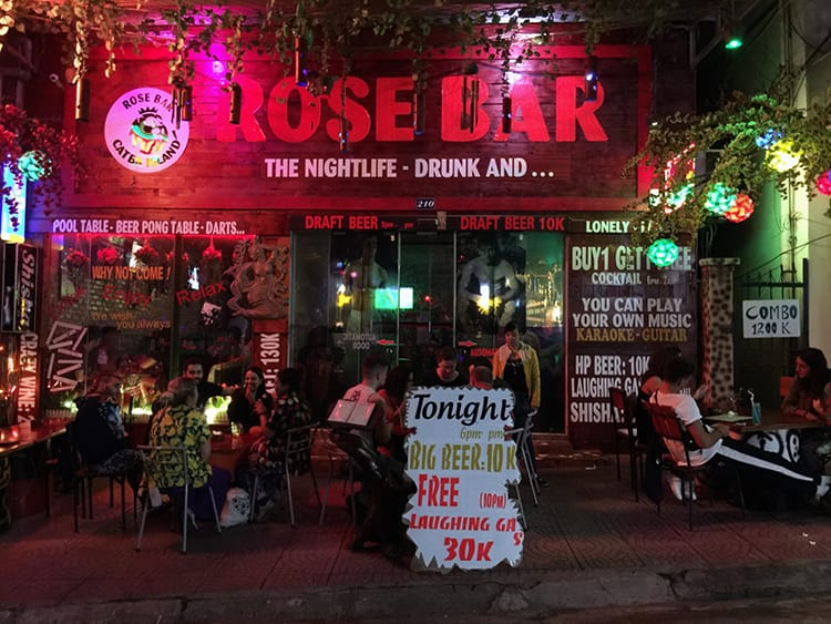 The outside of Rose Bar on Cat Ba Island at night