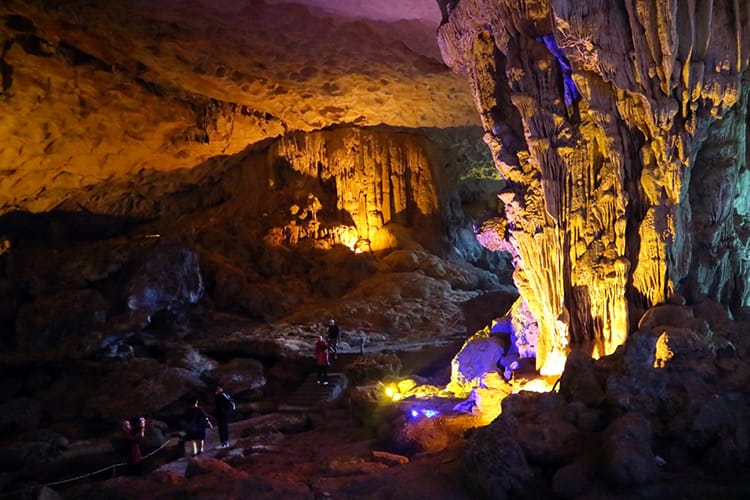 Inside the large cavern of the surprising cave in Halong Bay