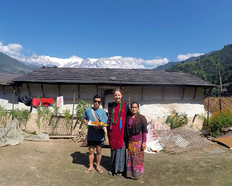 Michelle Della Giovanna from Full Time Explorer wears a traditional Gurung dress in Nepal