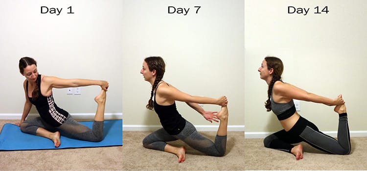 A photo from day 1, 7, and 14 showing progress with a pigeon pose