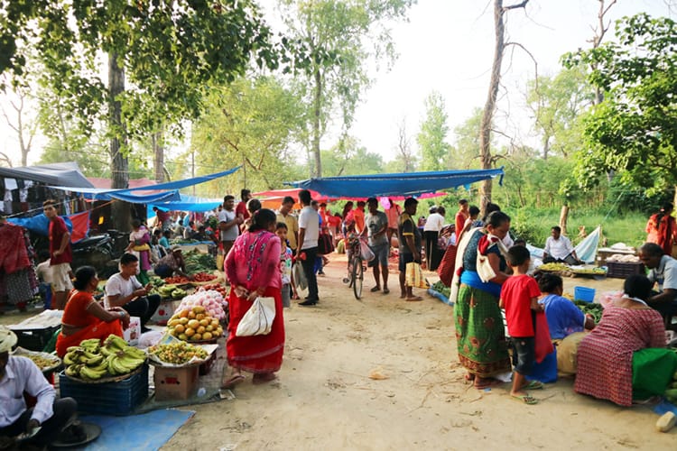 Locals shop in an outdoor market to buy fruits or vegetables