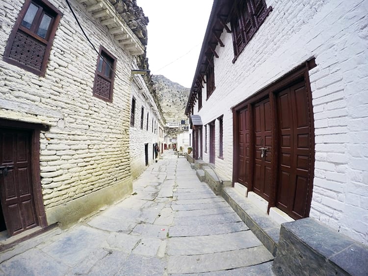 The small stone street outside of the Tanpopo hotel in Marpha, Nepal