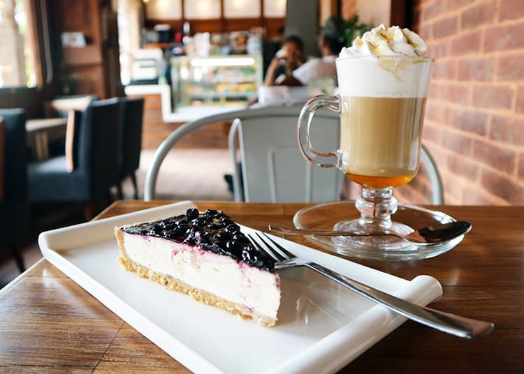 A slice of blueberry cheesecake and a honey latte at Himalayan Java in Patan, Nepal