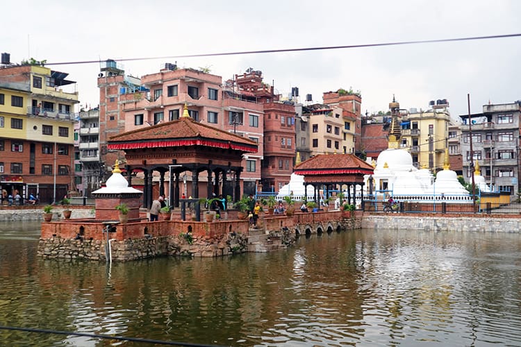 A small temple sits in the center of Pimbahal Pond