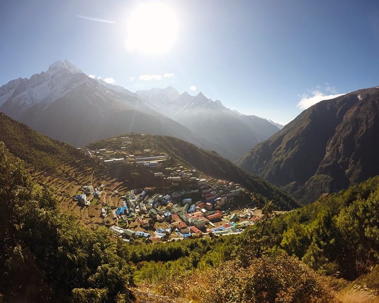 The city of Namche Bazaar located in the Himalayan mountains in Nepal