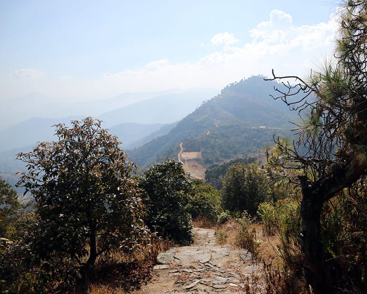 The pathway down hill towards Dhulikhel that passes through woods and fields