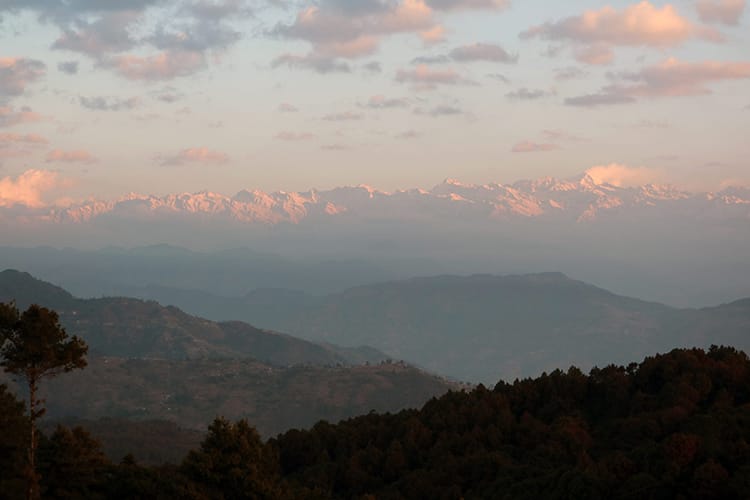 The sun rising over the Himalayas in the morning