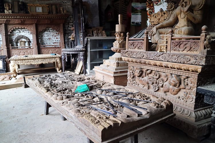 Inside a wood carving studio in Bungamati, Nepal