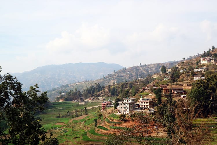 Houses sit on the hillside with terraced farms below