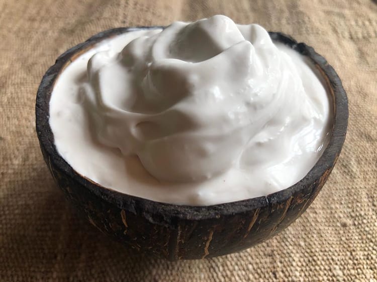 Vegan yogurt served in a coconut bowl from Vegan Dairy Nepal which sells vegan Nepali products in Nepal