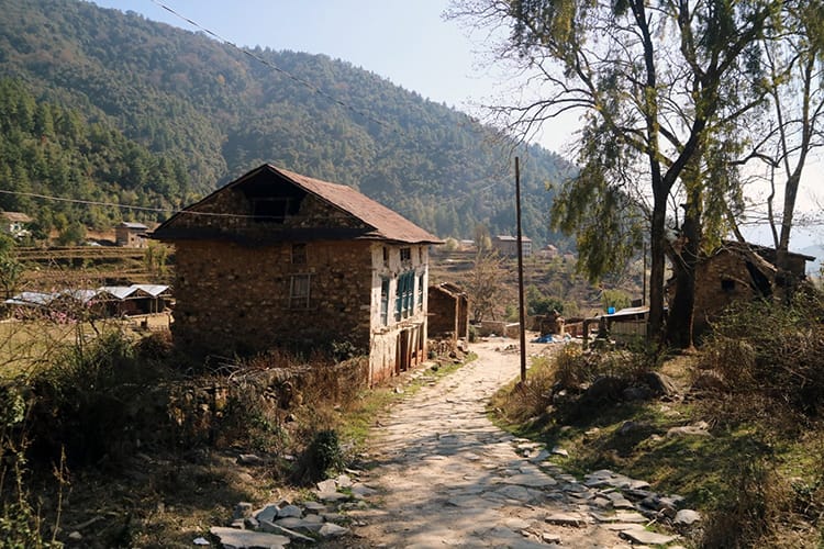 A stone road goes through the village of Chitlang in Nepal