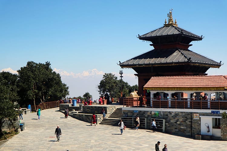 The temple at the top of the Chandragiri Cable Car with mountain views in the distance