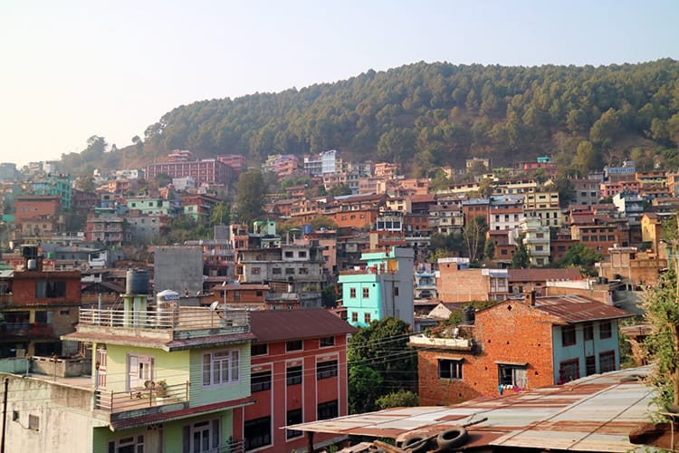 Brightly colored homes liter the hills of Tansen, Nepal