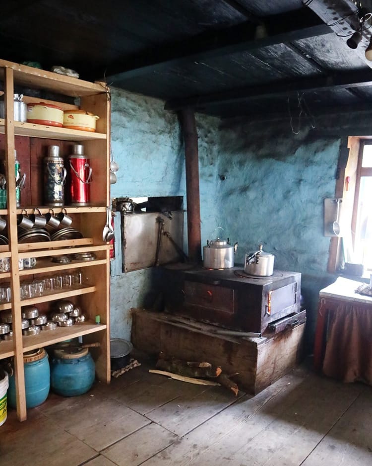 Inside the kitchen of a tea house in Dongang, Nepal