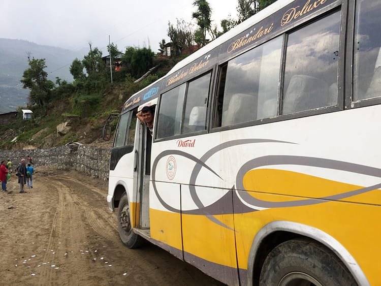 A bus pulls over for a break on the way to Singati Bazaar in Nepal