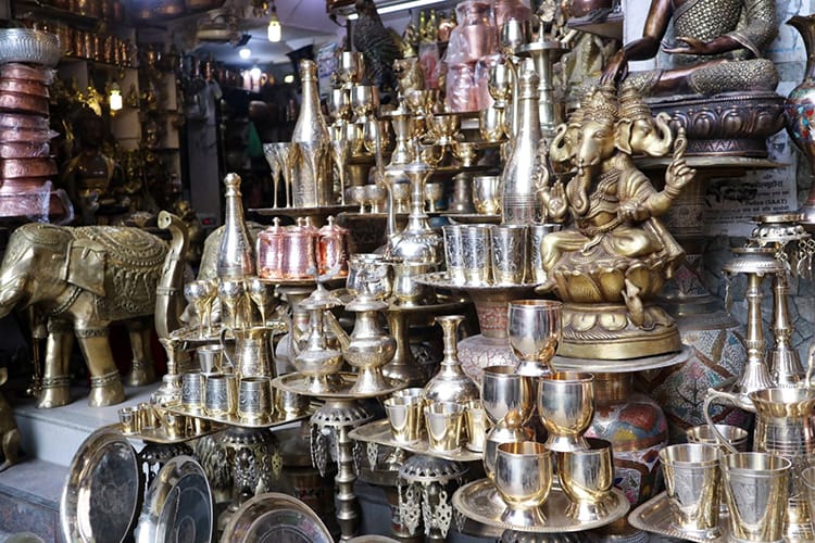 A store in Nepal that sells brass dinging wear cups and wine goblets