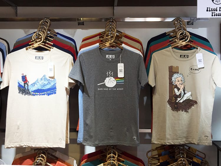 T-shirts that are made in Nepal on display in Thamel