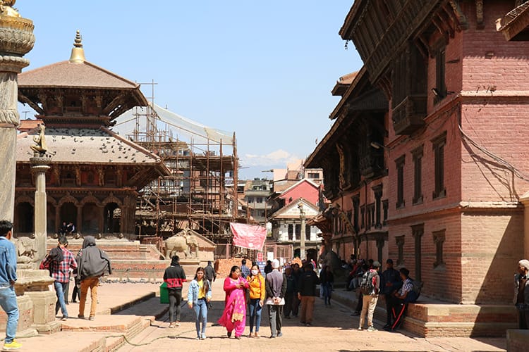 A painting studio in Patan, Nepal displays the work of its students