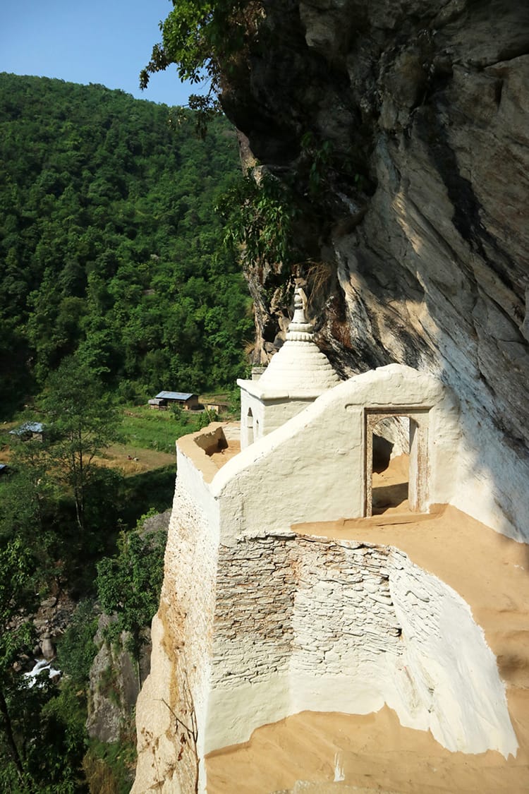 From the top of the temple looking down to the other side of the temple which sits on a cliff in Chilingkha