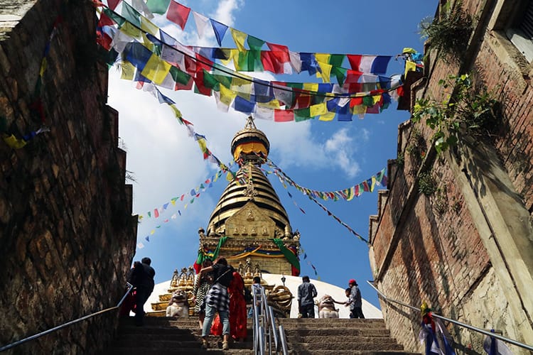 The top of the steps leading up to the Monkey Temple in Kathmandu, Nepal in September