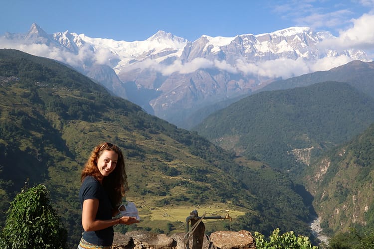 Michelle Della Giovanna in front of the Annapurna Range in Tangting, Nepal