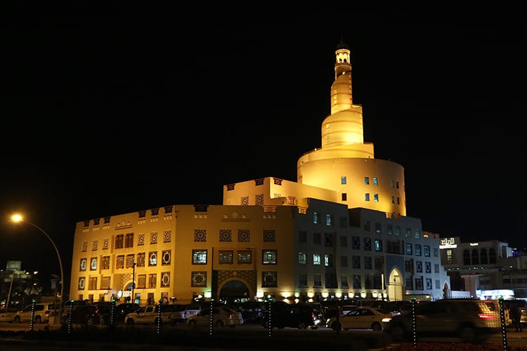 Al Fanar Spiral Mosque at night