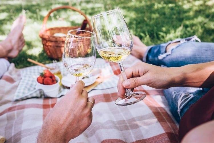 A couple hold wine classes over a picnic blanket on a date - Travel Inspired Stay at Home Date Ideas for Couples