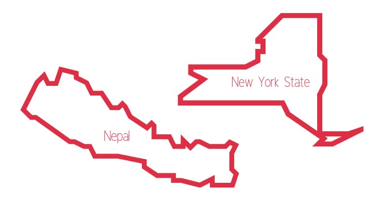 Drawing of Nepal and New York State which are almost the same size in square miles