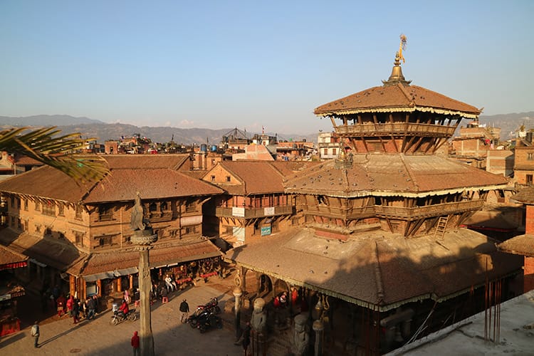 A view of Bhaktapur from above overlooking the temples on a clear day