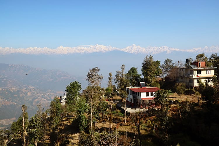 The view of the Himalaya mountains on a clear day in Dhulikhel