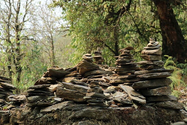 Stone cairns sit just outside the village of Pittam Deuarli