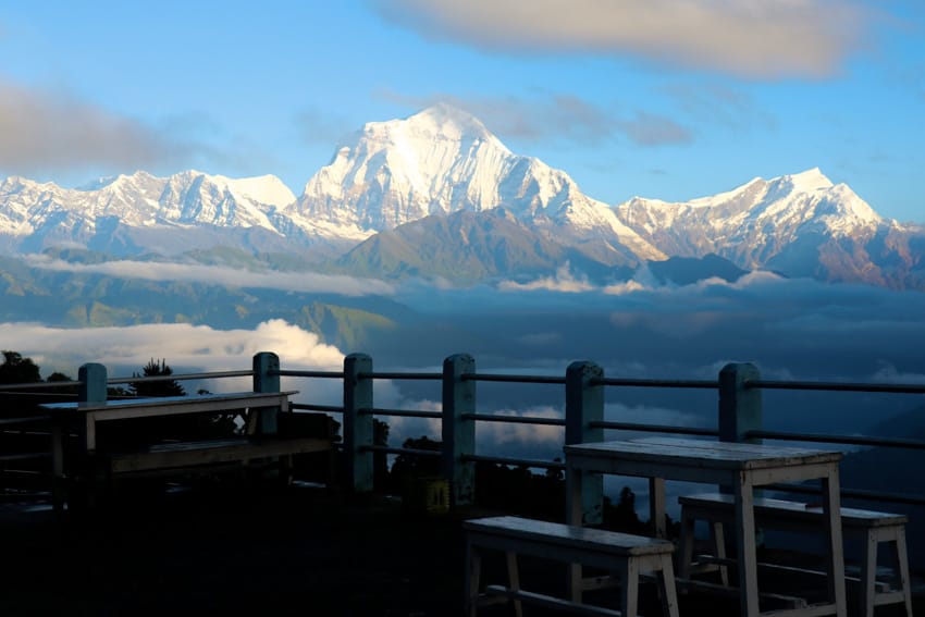 The balcony of a teahouse in Ghorepani with gorgeous views of the mountains