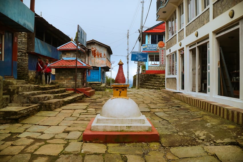 A small stupa sits in the middle of the pathway that cuts through Ghorepani