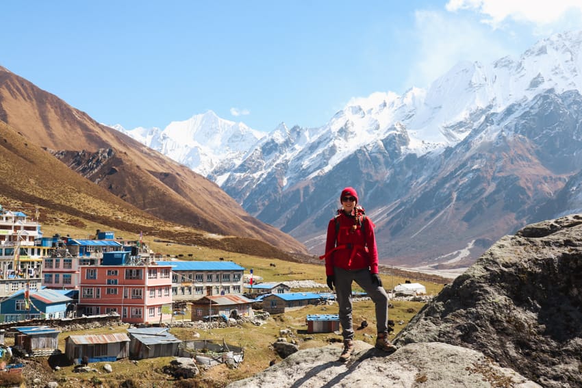 Michelle Della Giovanna stands near Kyanjin Gompa along the Langtang Valley Trekking route