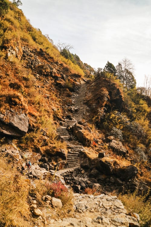 A steep staircase on the way to Ghopte Village in Nepal