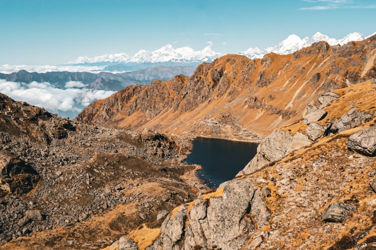 The view from above Gosaikunda Lake in Nepal with the Himalaya in the background