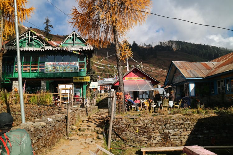 Colorful teahouses line the pathway of Chandanbari Sing Gompa