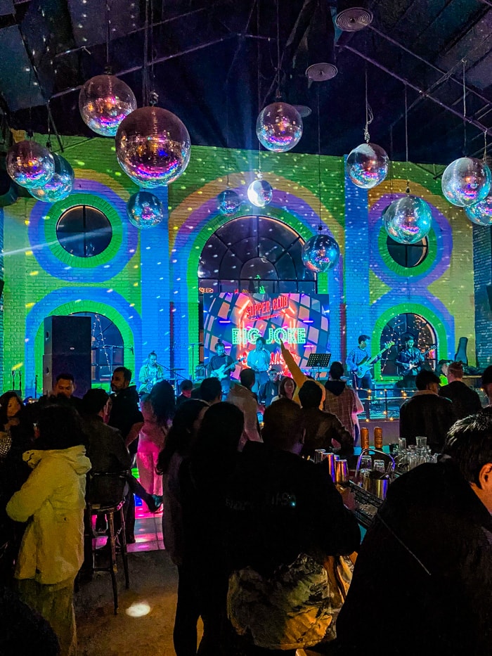 Disco balls light up the ceiling at Supper Club in Thamel