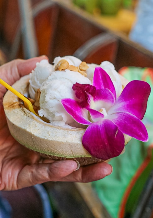 coconut ice cream sold from a boat at Damnoen Saduak Floating Market