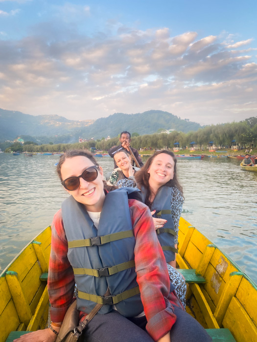 Michelle emma and caroline boating in Pokhara