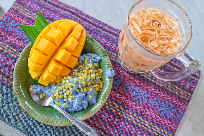 Mango with sticky rice and Thai iced tea made in a cooking class in Chiang Mai