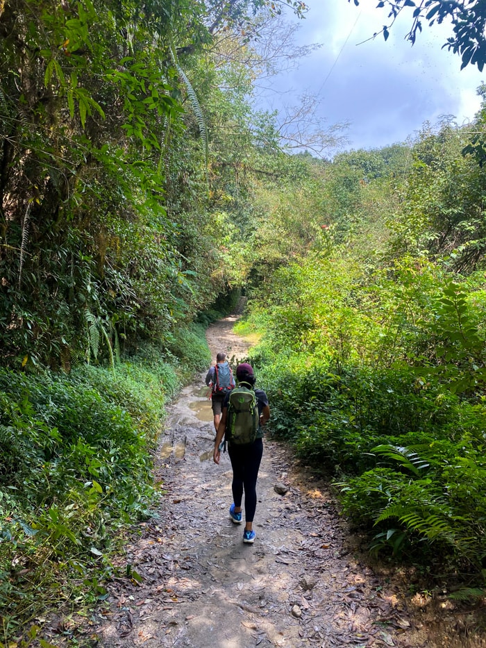 Hikers walk the pathway going towards Dhap Dam